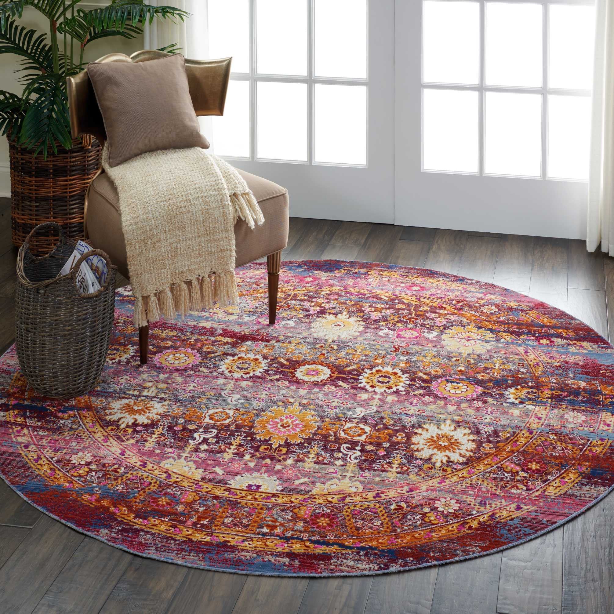 4' Blue Yellow And Red Floral Distressed Round Rug-4