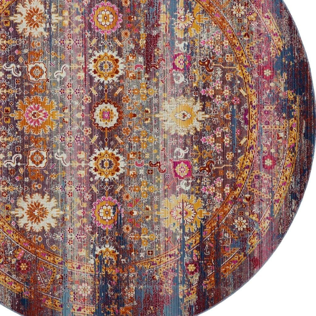 4' Blue Yellow And Red Floral Distressed Round Rug-0