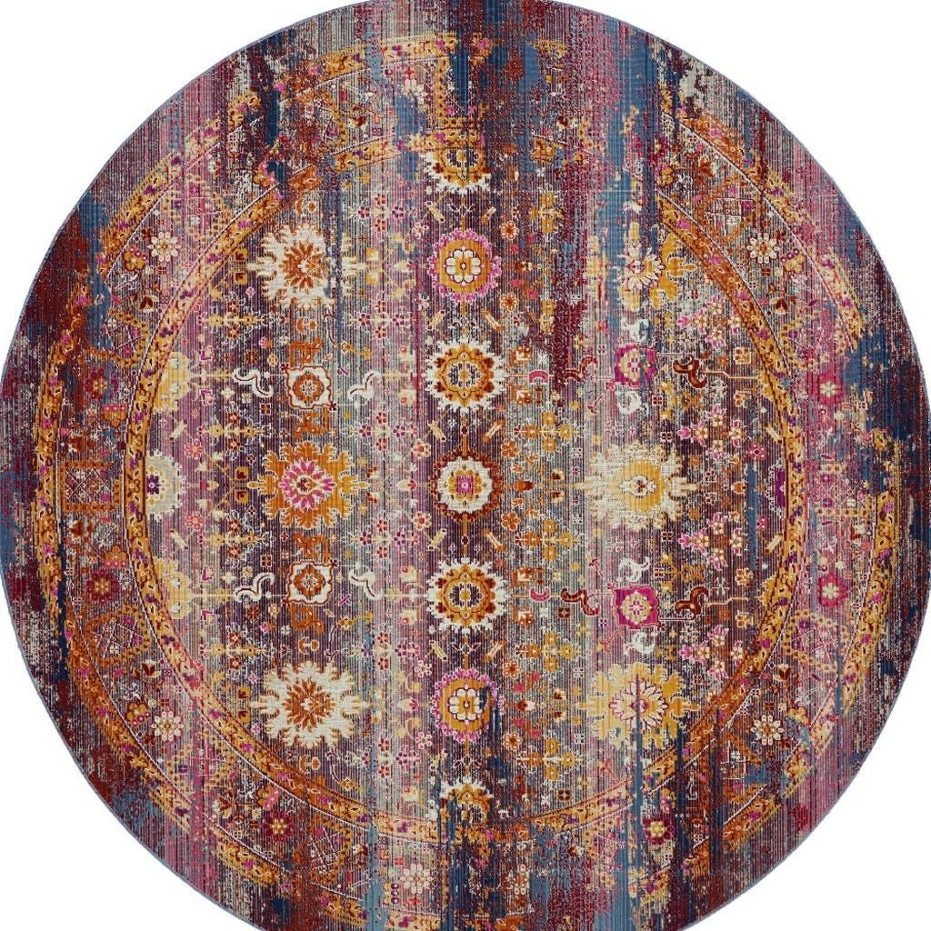 4' Blue Yellow And Red Floral Distressed Round Rug-2