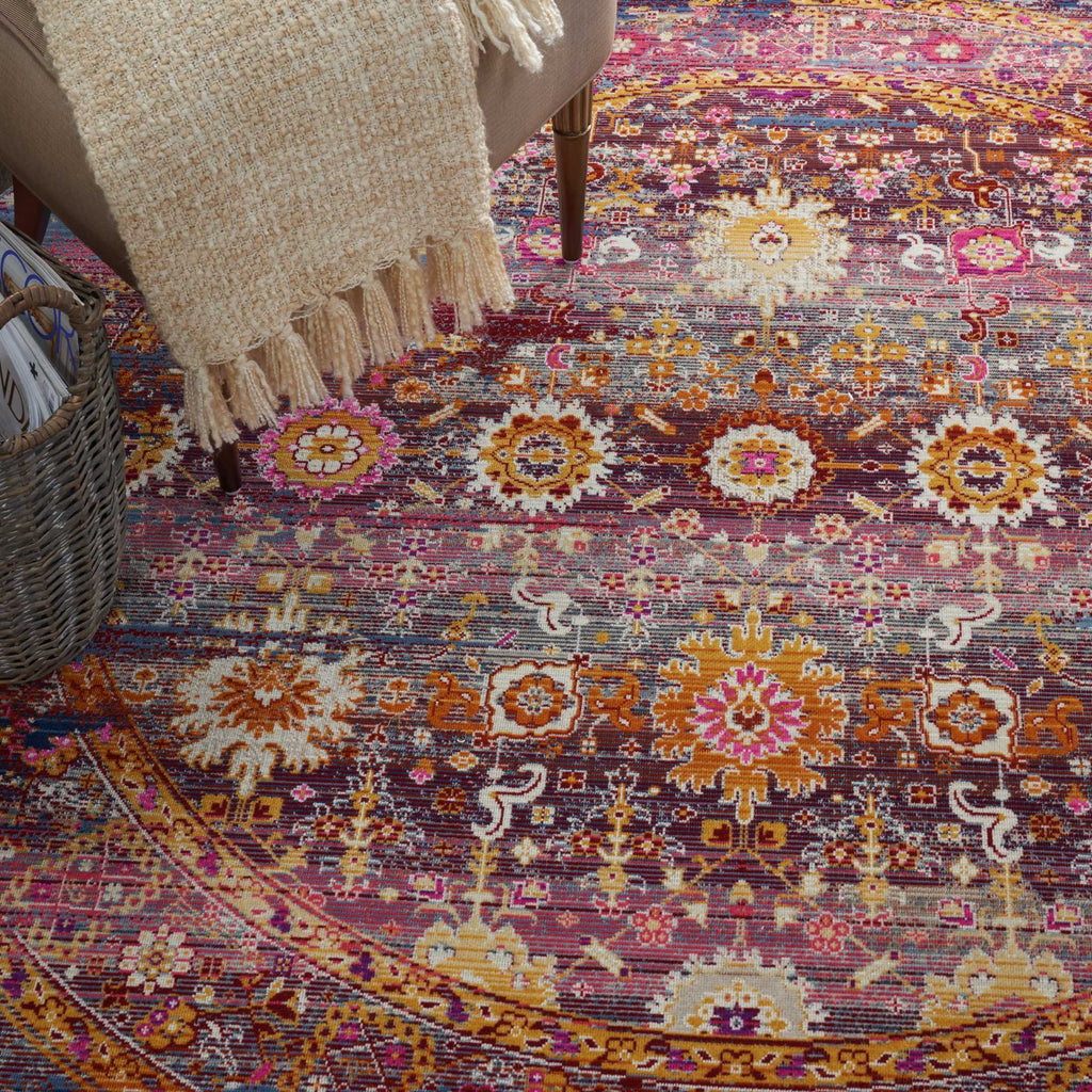 4' Blue Yellow And Red Floral Distressed Round Rug-5