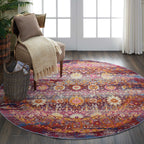 4' Blue Yellow And Red Floral Distressed Round Rug-6