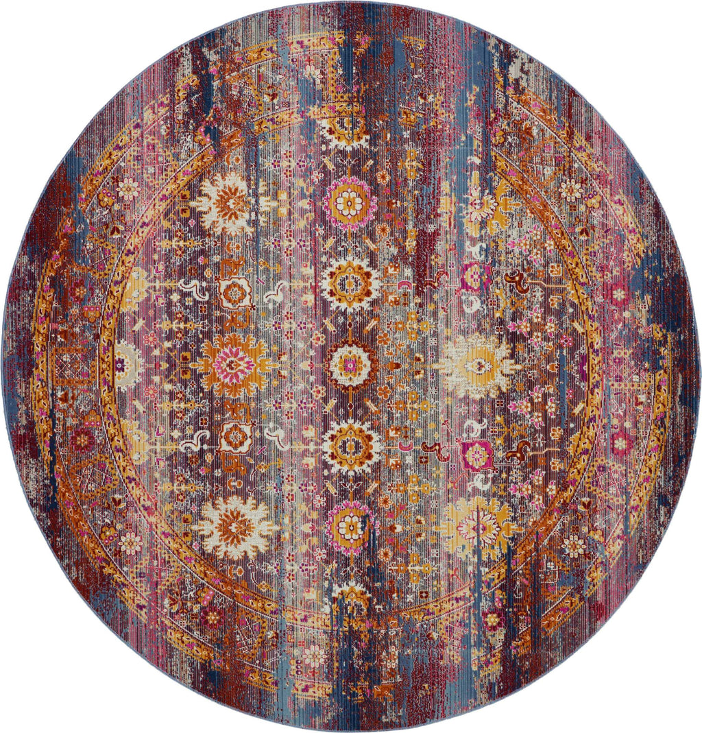 4' Blue Yellow And Red Floral Distressed Round Rug-3