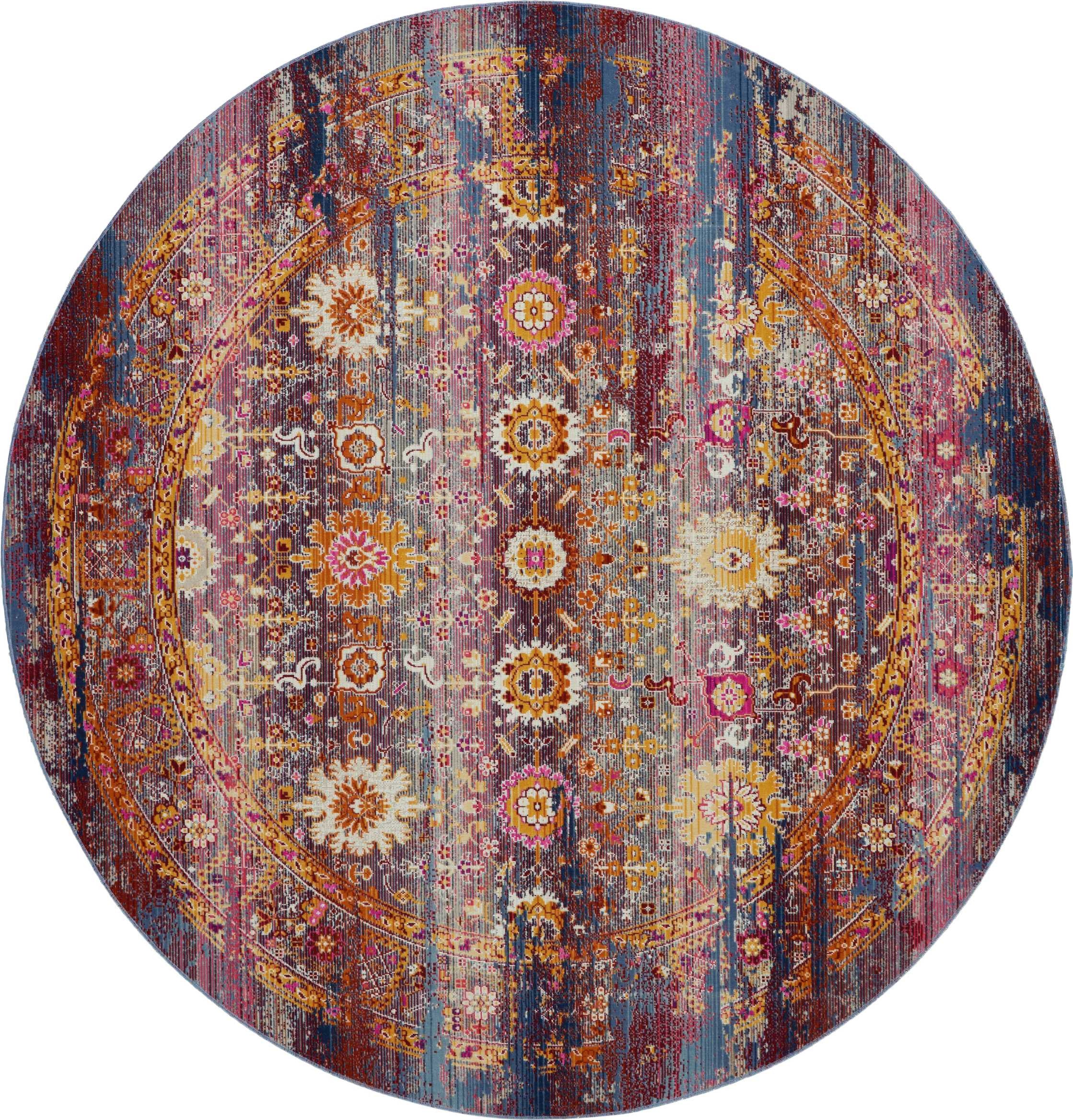 4' Blue Yellow And Red Floral Distressed Round Rug-3