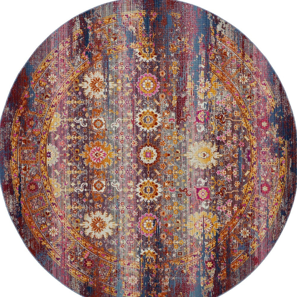 4' Blue Yellow And Red Floral Distressed Round Rug-7