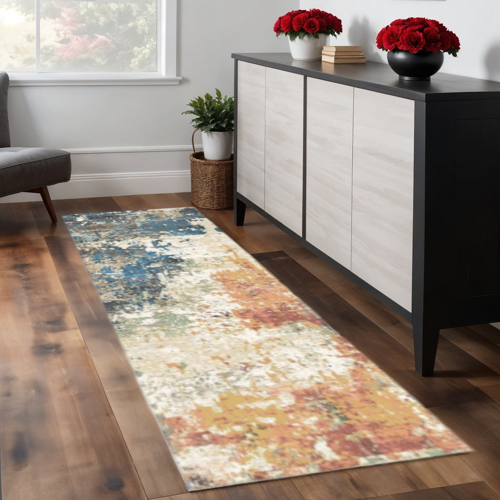 8' Beige Blue and Ivory Abstract Distressed Runner Rug With Fringe