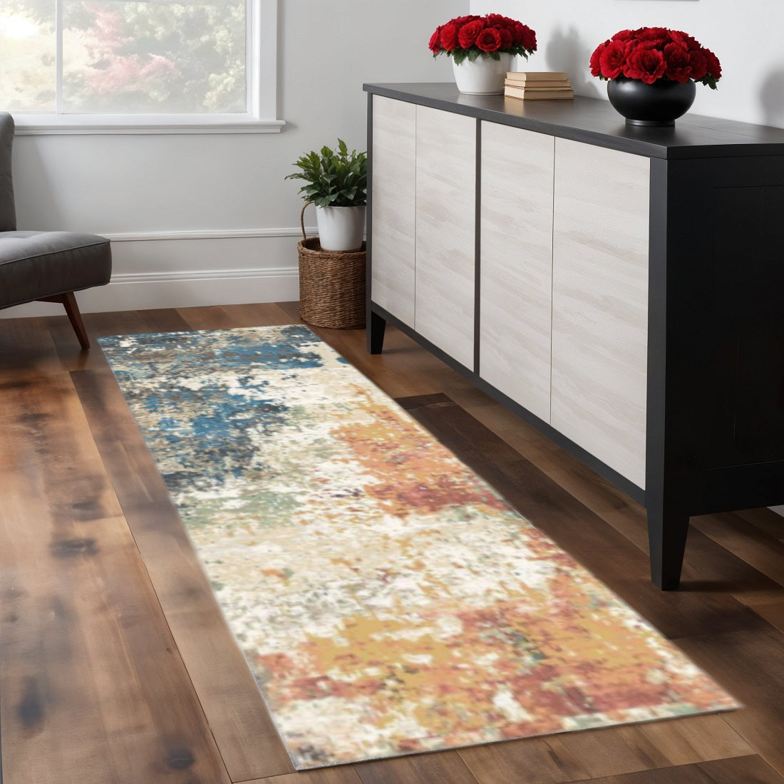 8' Beige Blue and Ivory Abstract Distressed Runner Rug With Fringe