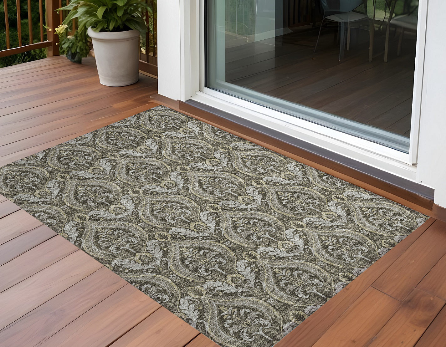 2' X 3' Taupe and Beige Damask Washable Non Skid Indoor Outdoor Area Rug