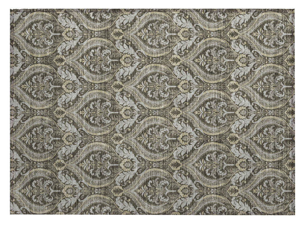 2' X 3' Taupe and Beige Damask Washable Non Skid Indoor Outdoor Area Rug