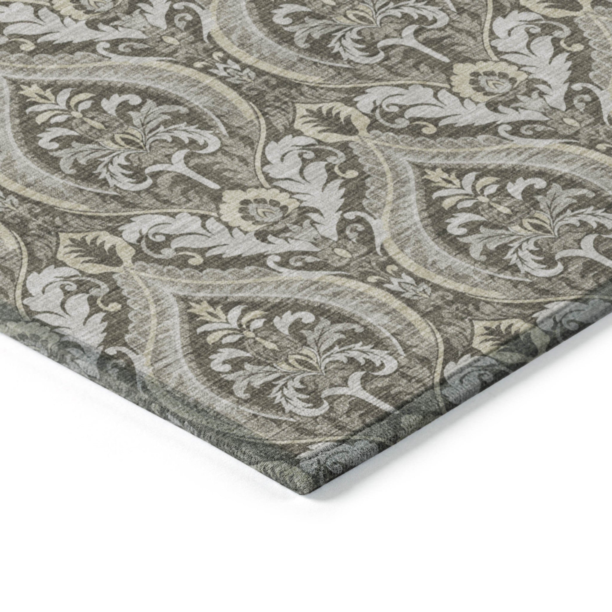 2' X 3' Taupe and Beige Damask Washable Non Skid Indoor Outdoor Area Rug