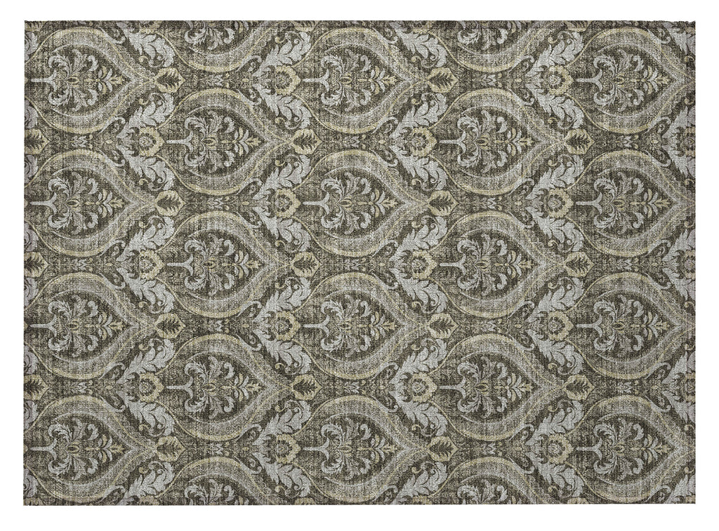 2' X 3' Taupe and Beige Damask Washable Non Skid Indoor Outdoor Area Rug