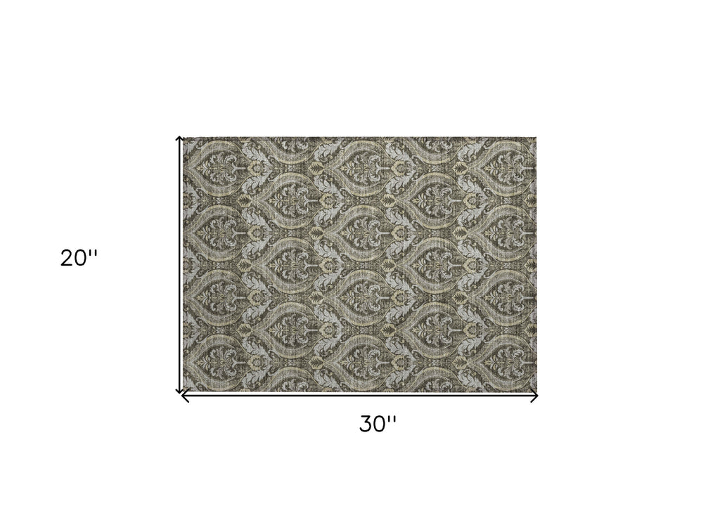 2' X 3' Taupe and Beige Damask Washable Non Skid Indoor Outdoor Area Rug
