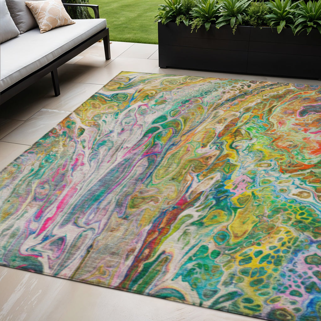 5' X 8' Green Gold And White Abstract Washable Indoor Outdoor Area Rug