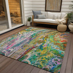 5' X 8' Green Gold And White Abstract Washable Indoor Outdoor Area Rug