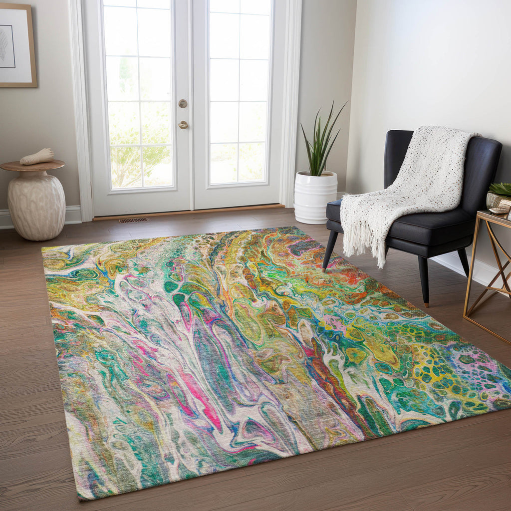 5' X 8' Green Gold And White Abstract Washable Indoor Outdoor Area Rug