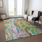 5' X 8' Green Gold And White Abstract Washable Indoor Outdoor Area Rug