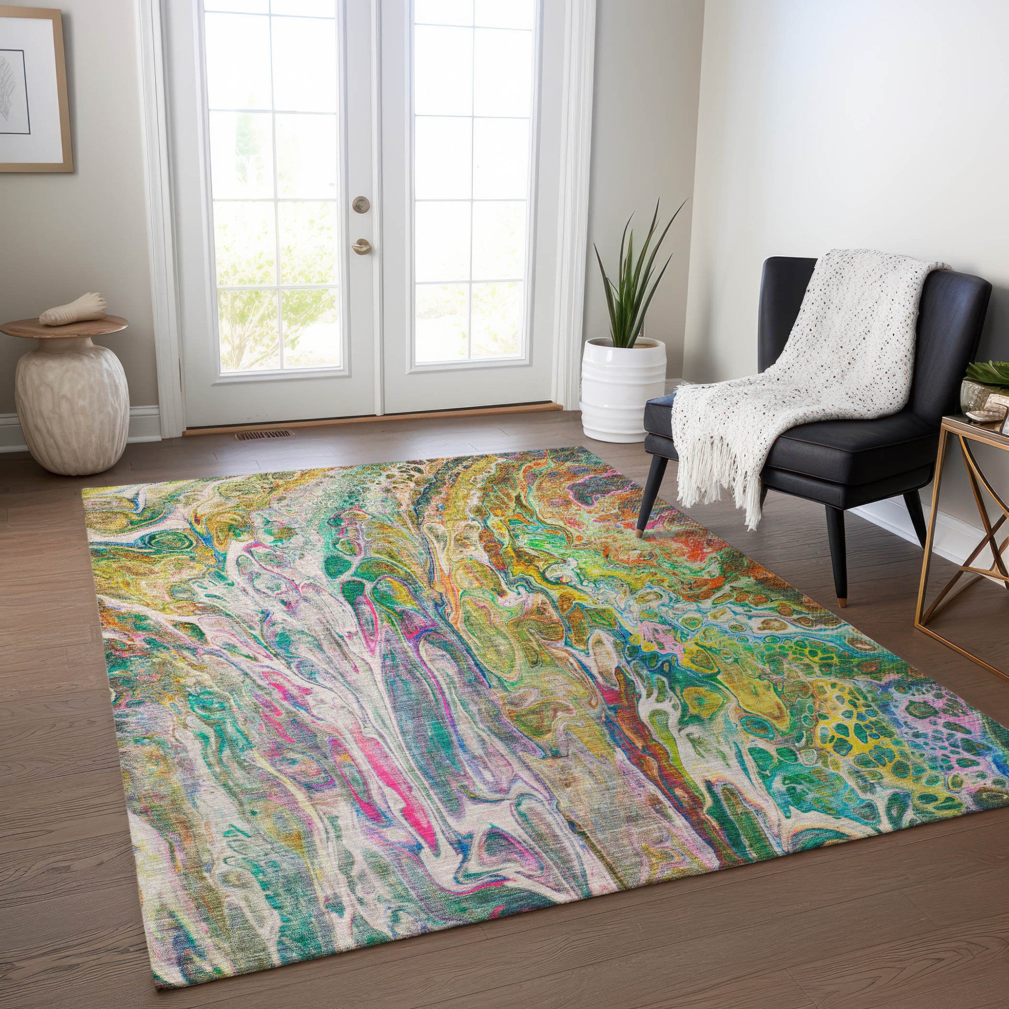 5' X 8' Green Gold And White Abstract Washable Indoor Outdoor Area Rug