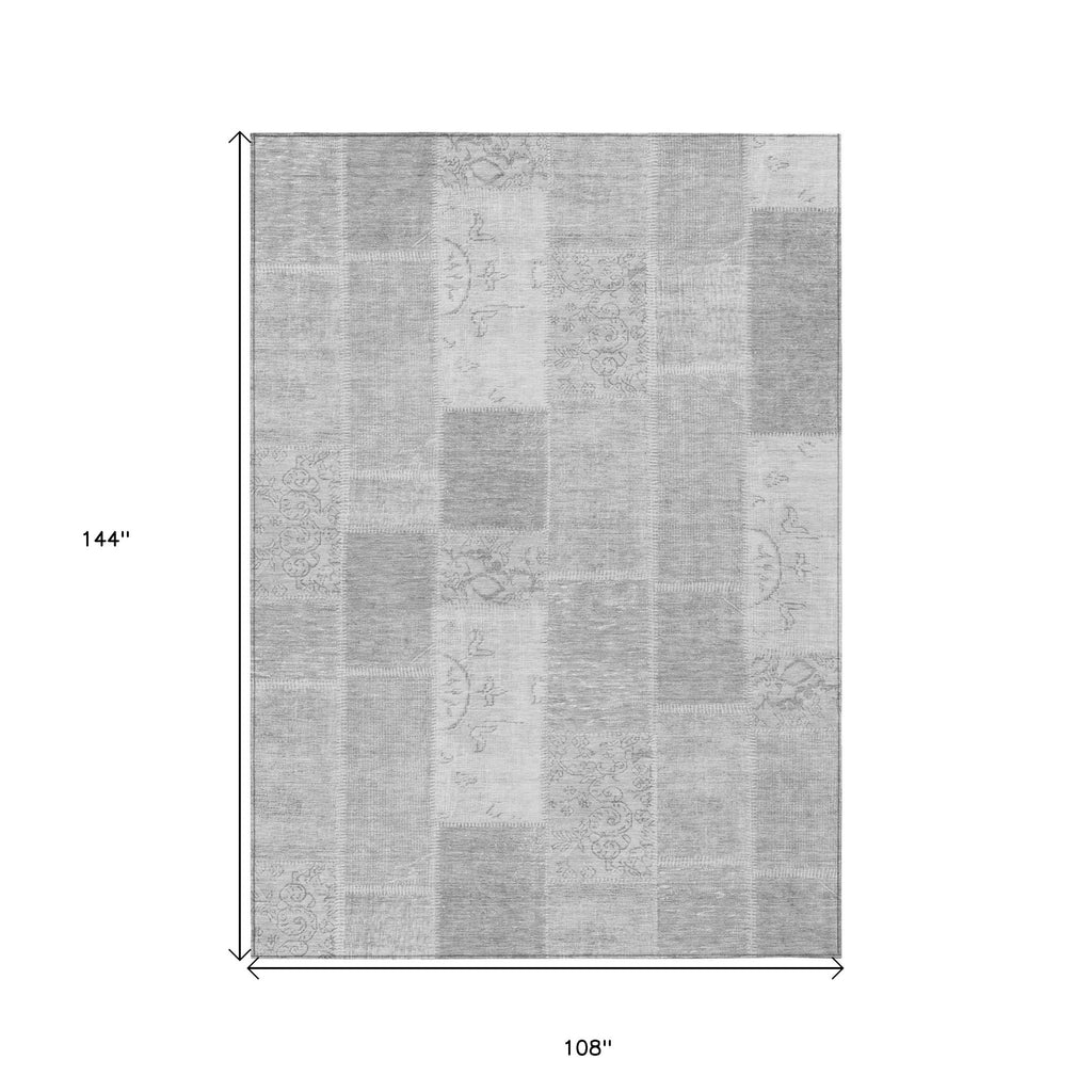 9' X 12' Silver Gray And Graphite Patchwork Washable Indoor Outdoor Area Rug no return