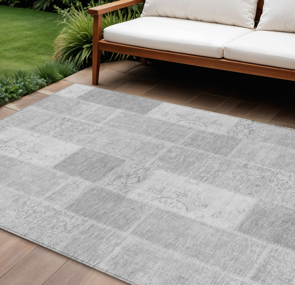 9' X 12' Silver Gray And Graphite Patchwork Washable Indoor Outdoor Area Rug no return
