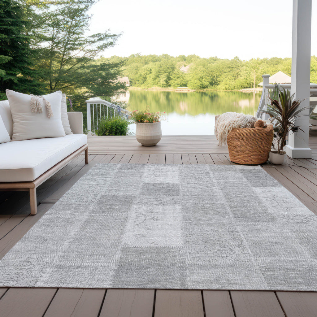 9' X 12' Silver Gray And Graphite Patchwork Washable Indoor Outdoor Area Rug no return