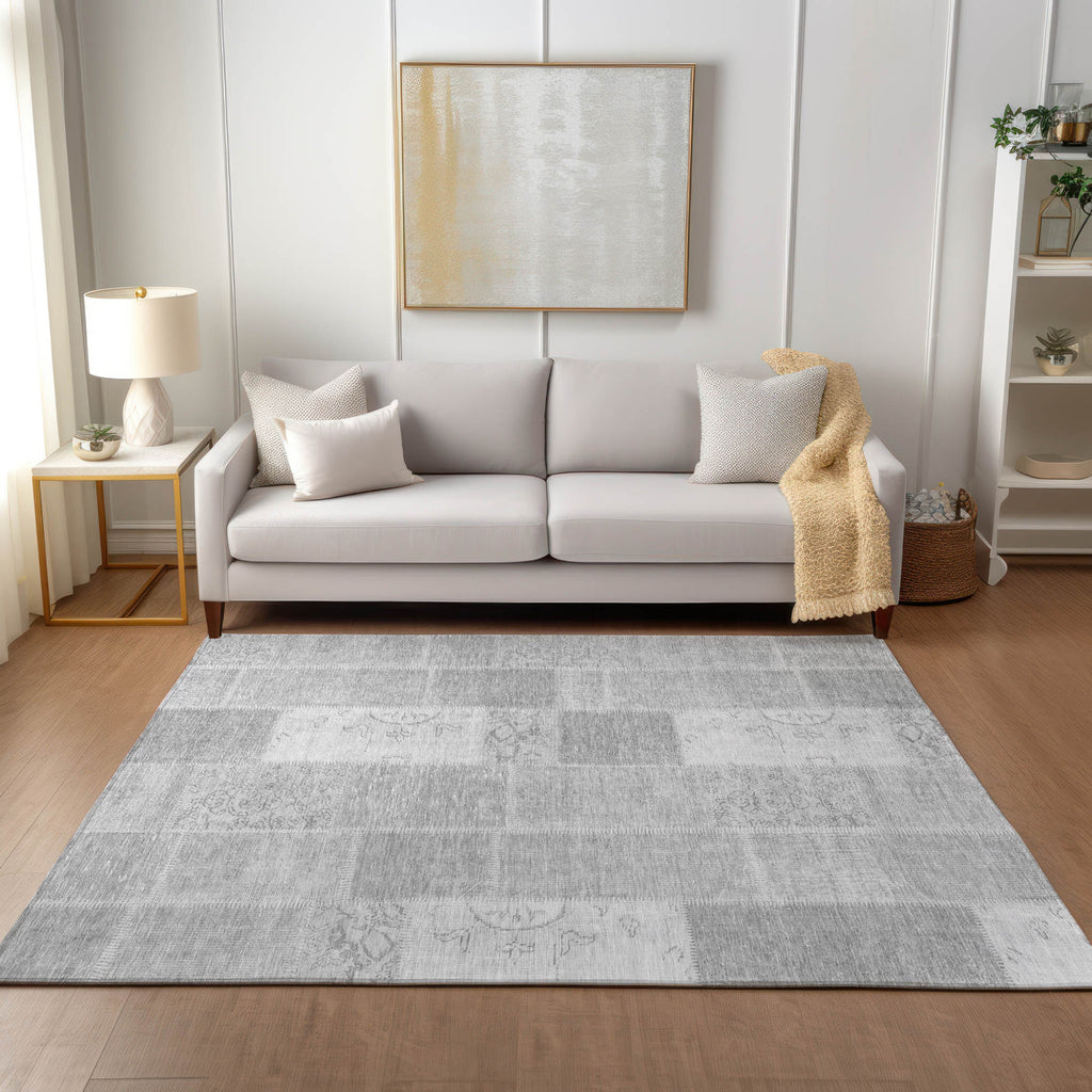 9' X 12' Silver Gray And Graphite Patchwork Washable Indoor Outdoor Area Rug no return