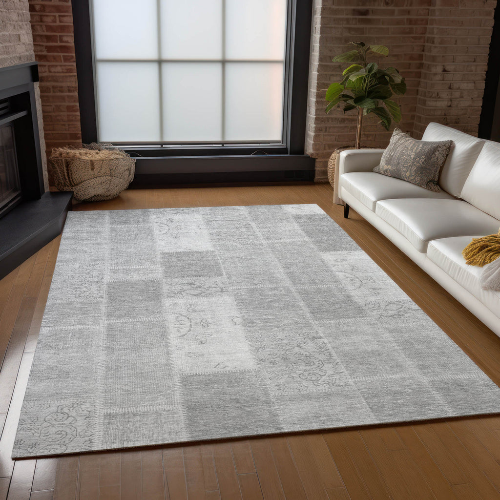 9' X 12' Silver Gray And Graphite Patchwork Washable Indoor Outdoor Area Rug no return