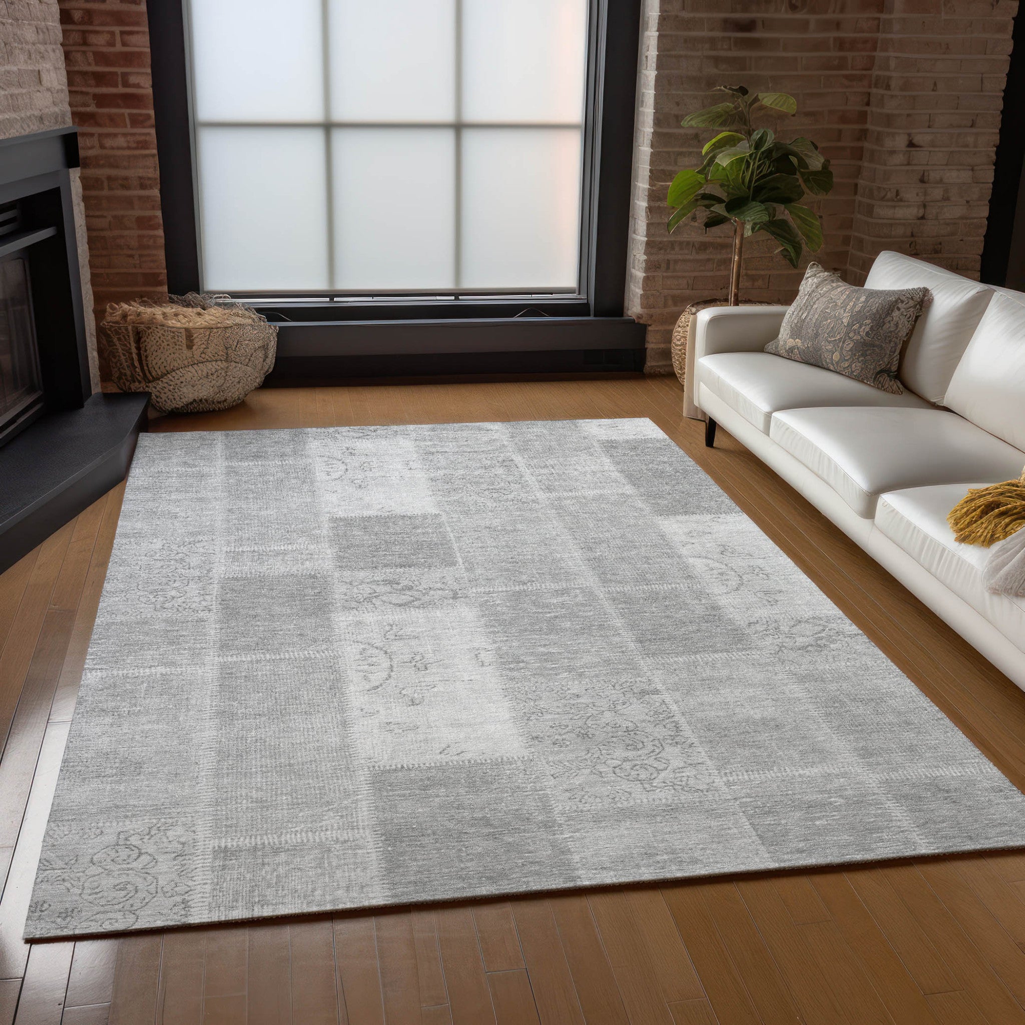 9' X 12' Silver Gray And Graphite Patchwork Washable Indoor Outdoor Area Rug no return