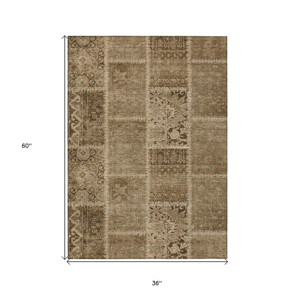 3' X 5' Brown And Beige Patchwork Washable Indoor Outdoor Area Rug