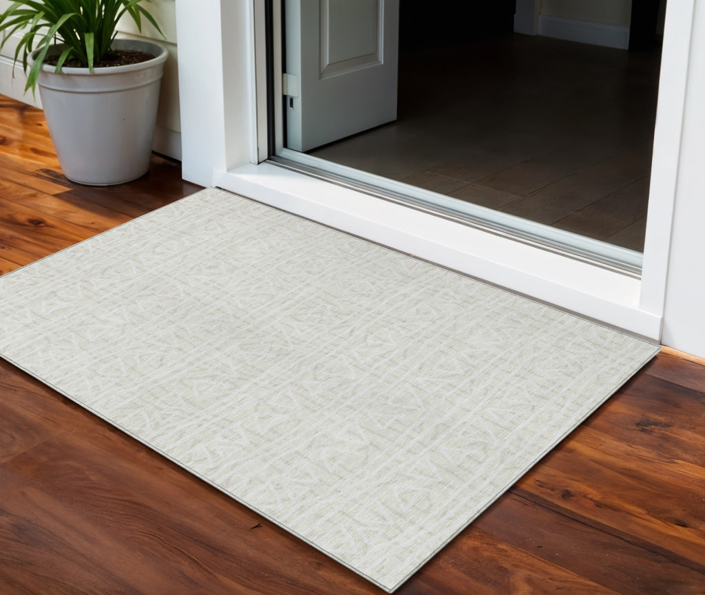 3' X 5' Ivory And Beige Geometric Washable Indoor Outdoor Area Rug
