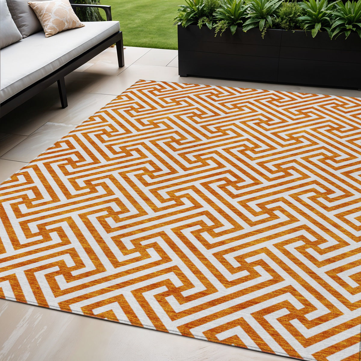 5' X 8' Orange And Ivory Geometric Washable Indoor Outdoor Area Rug
