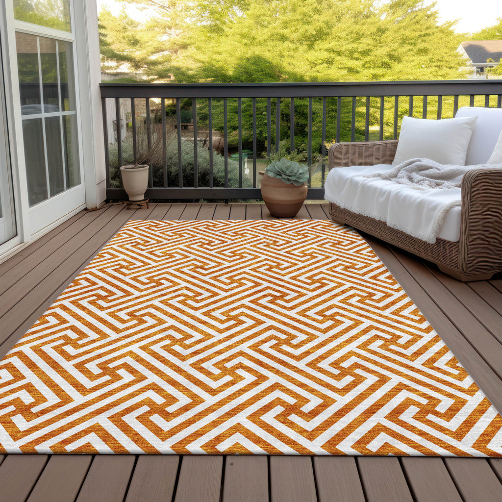 5' X 8' Orange And Ivory Geometric Washable Indoor Outdoor Area Rug