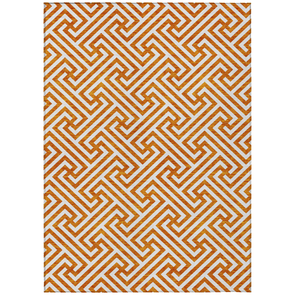 5' X 8' Orange And Ivory Geometric Washable Indoor Outdoor Area Rug