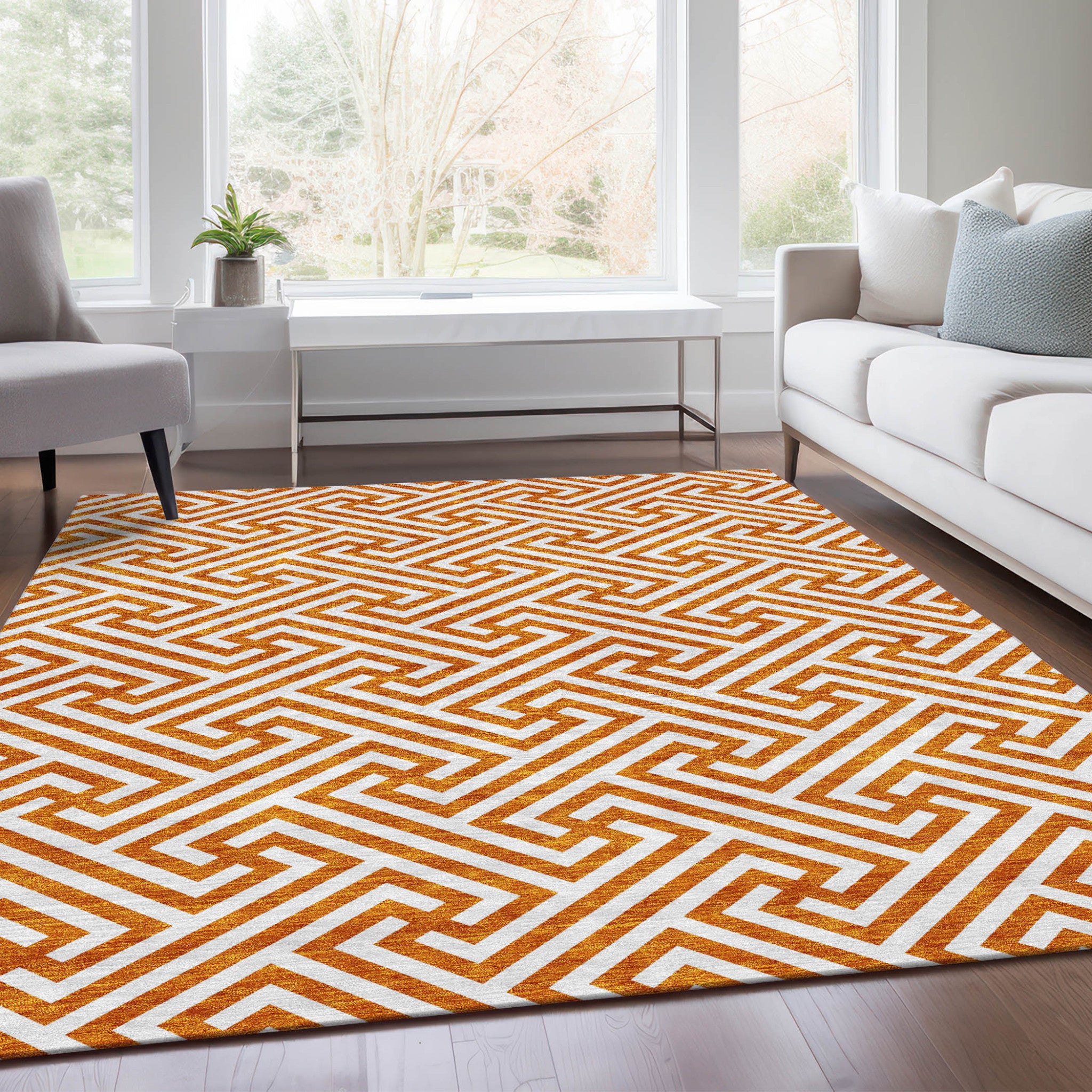 5' X 8' Orange And Ivory Geometric Washable Indoor Outdoor Area Rug