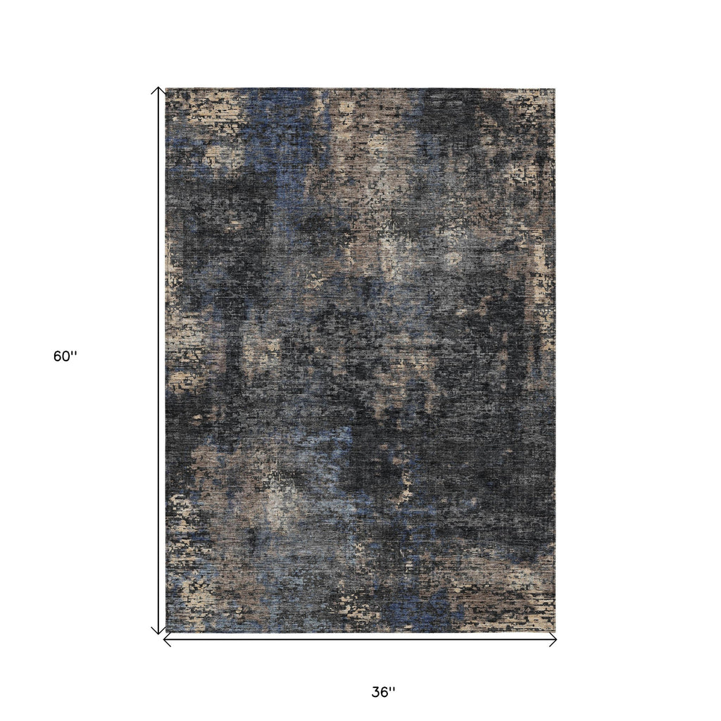 3' X 5' Charcoal Gray And Silver Abstract Washable Indoor Outdoor Area Rug